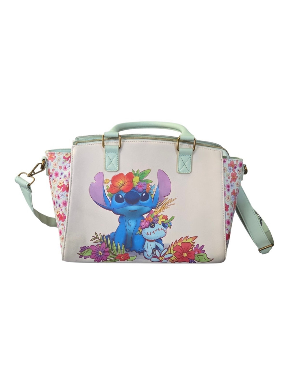 Loungefly Blue Stitch Floral Satchel with Mint Trim